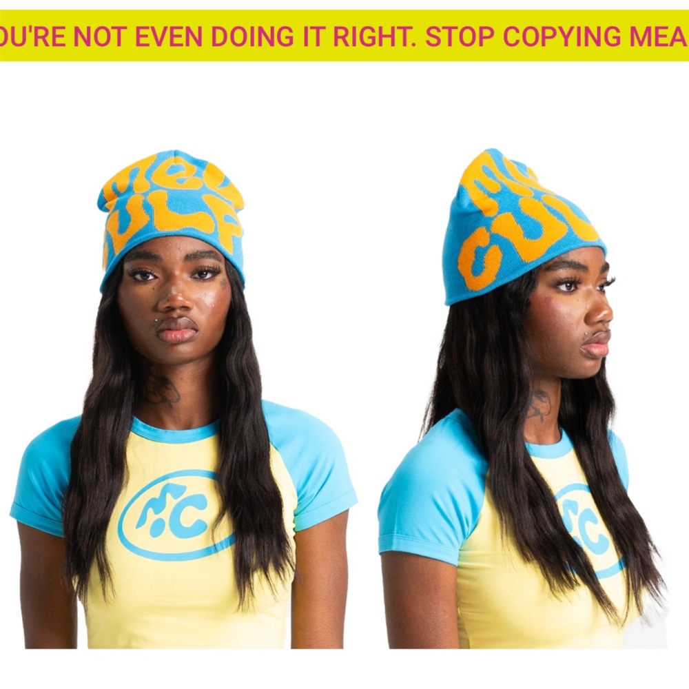 Authentic Mea Culpa beanie. Worn once. No defects. Orange/Blue.